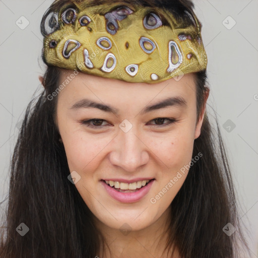 Joyful latino young-adult female with long  brown hair and brown eyes