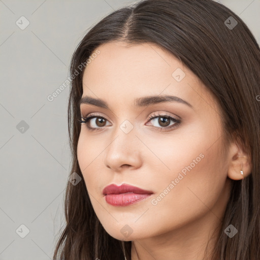 Neutral white young-adult female with long  brown hair and brown eyes