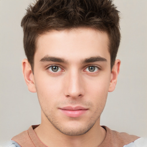 Neutral white young-adult male with short  brown hair and brown eyes