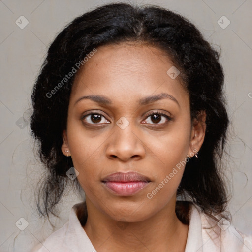 Joyful black young-adult female with medium  black hair and brown eyes