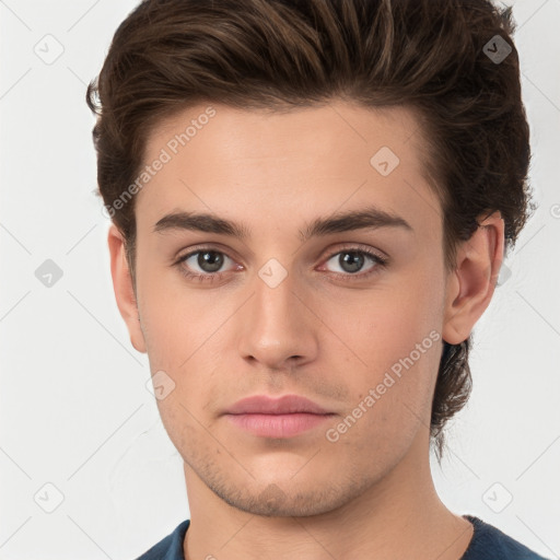 Neutral white young-adult male with short  brown hair and brown eyes