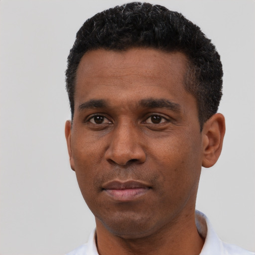 Neutral latino adult male with short  black hair and brown eyes