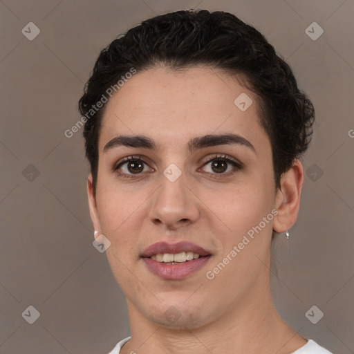 Joyful white young-adult female with short  brown hair and brown eyes