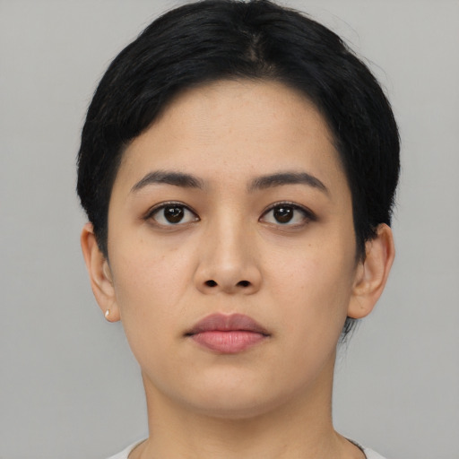Neutral asian young-adult female with short  black hair and brown eyes