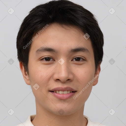 Joyful asian young-adult male with short  brown hair and brown eyes