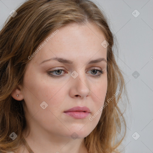 Neutral white young-adult female with long  brown hair and brown eyes