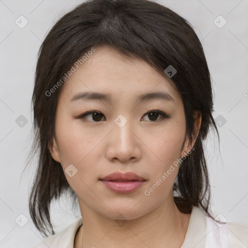 Neutral asian young-adult female with medium  brown hair and brown eyes