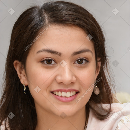 Joyful white young-adult female with long  brown hair and brown eyes