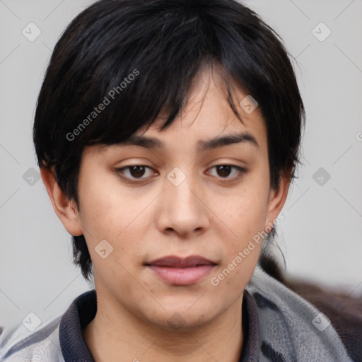 Joyful asian young-adult female with medium  black hair and brown eyes