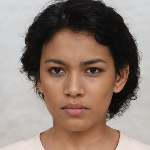 Neutral asian young-adult female with short  brown hair and brown eyes