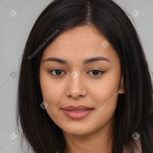 Joyful asian young-adult female with long  brown hair and brown eyes