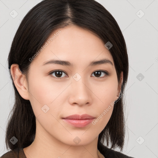 Neutral white young-adult female with long  brown hair and brown eyes