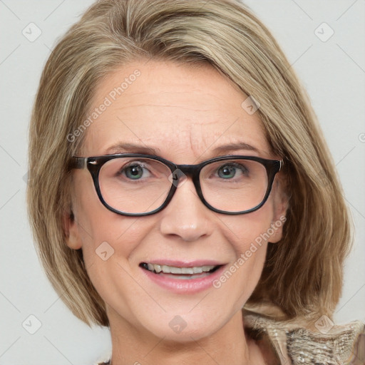 Joyful white adult female with medium  brown hair and blue eyes