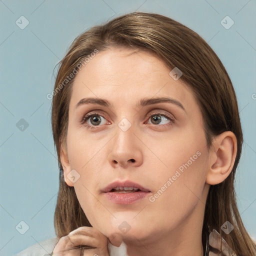 Neutral white young-adult female with medium  brown hair and brown eyes