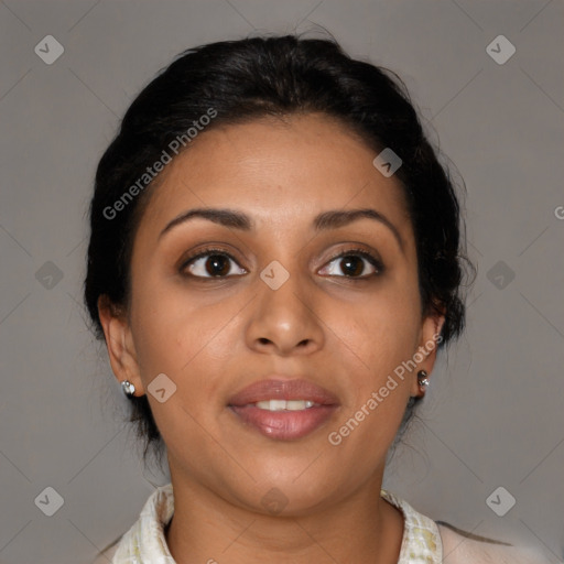 Joyful latino young-adult female with medium  brown hair and brown eyes