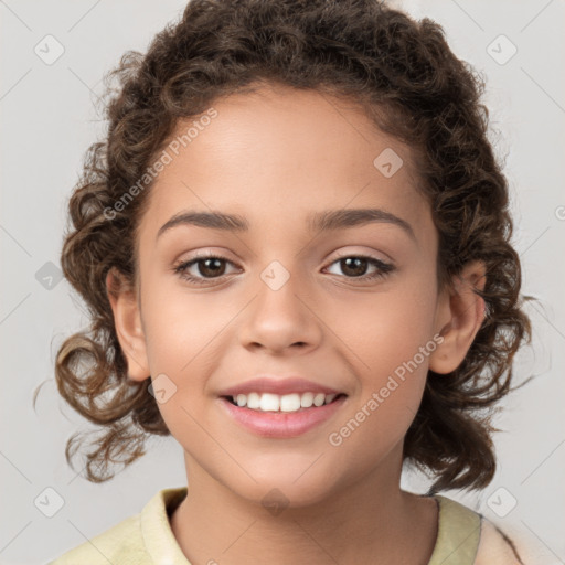 Joyful white child female with medium  brown hair and brown eyes