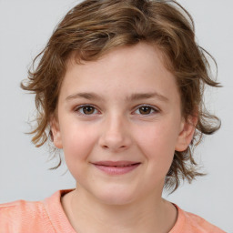 Joyful white child female with medium  brown hair and brown eyes