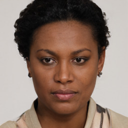 Neutral black young-adult female with short  brown hair and brown eyes