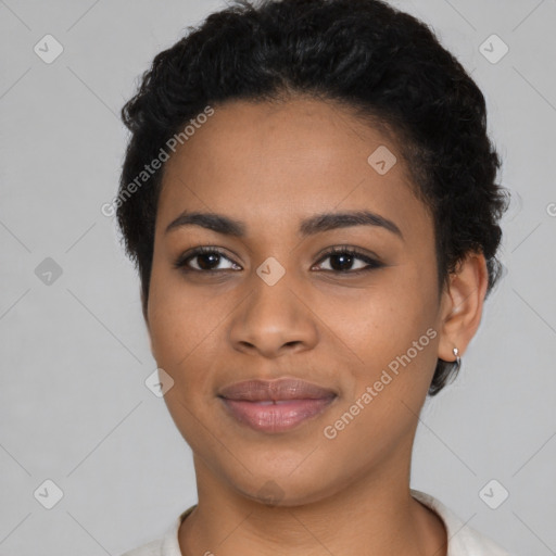 Joyful latino young-adult female with short  black hair and brown eyes