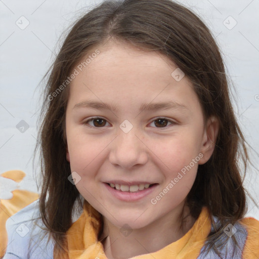 Joyful white child female with medium  brown hair and brown eyes