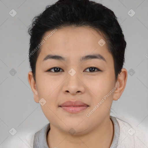 Joyful asian young-adult female with short  brown hair and brown eyes