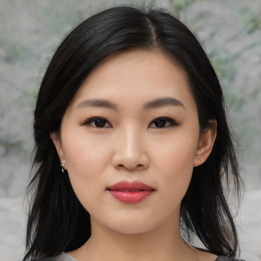 Neutral asian young-adult female with medium  black hair and brown eyes