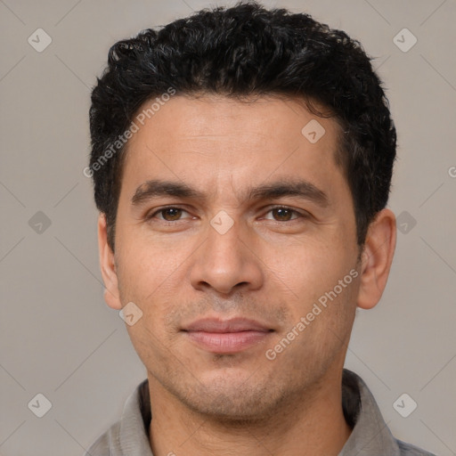Neutral white adult male with short  black hair and brown eyes
