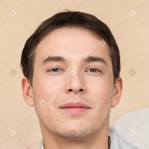 Neutral white young-adult male with short  brown hair and brown eyes