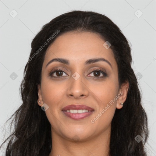 Joyful latino young-adult female with long  brown hair and brown eyes