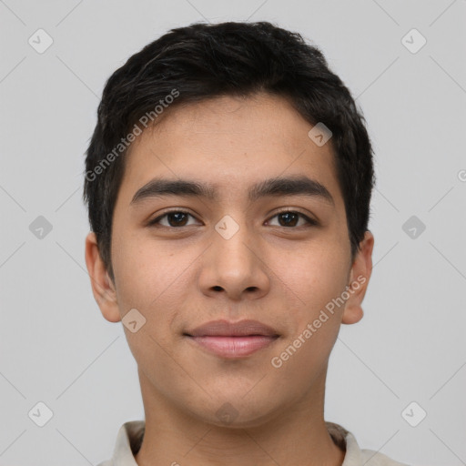 Neutral asian young-adult male with short  brown hair and brown eyes