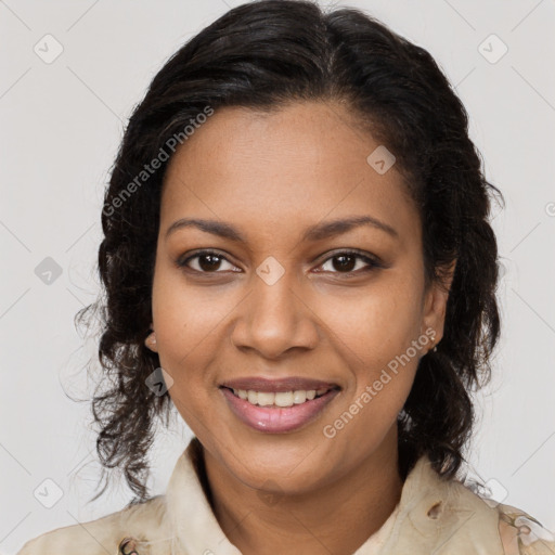 Joyful black young-adult female with medium  brown hair and brown eyes