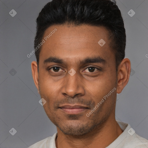 Neutral latino young-adult male with short  black hair and brown eyes