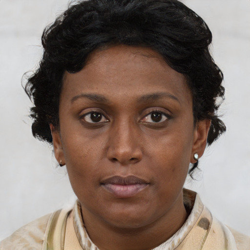 Neutral latino young-adult female with short  brown hair and brown eyes