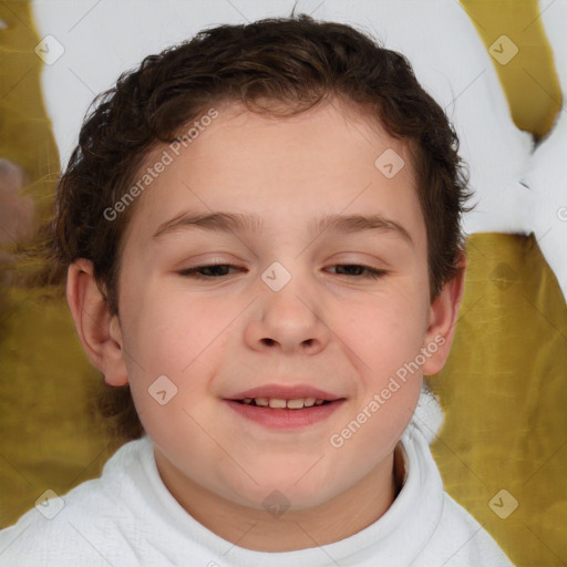 Joyful white child female with short  brown hair and brown eyes