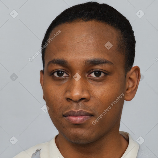 Neutral black young-adult male with short  black hair and brown eyes