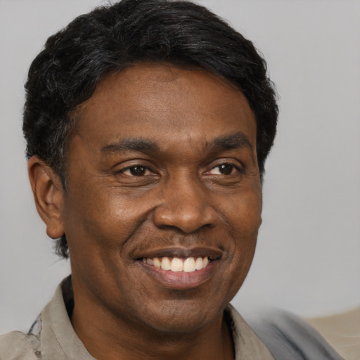 Joyful black adult male with short  black hair and brown eyes