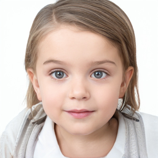 Neutral white child female with medium  brown hair and grey eyes