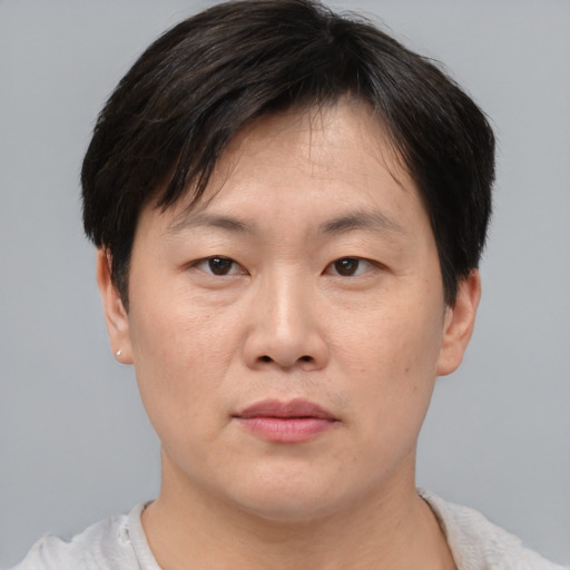 Neutral asian adult male with short  brown hair and brown eyes
