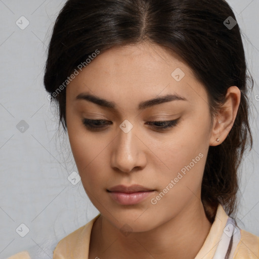 Neutral white young-adult female with medium  brown hair and brown eyes