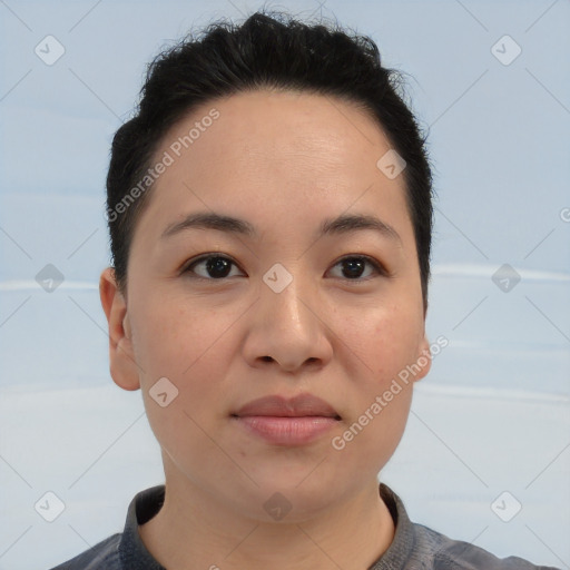 Joyful asian young-adult female with short  brown hair and brown eyes
