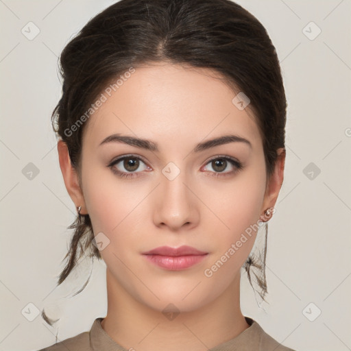 Neutral white young-adult female with medium  brown hair and brown eyes