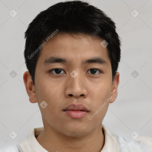 Neutral asian young-adult male with short  black hair and brown eyes