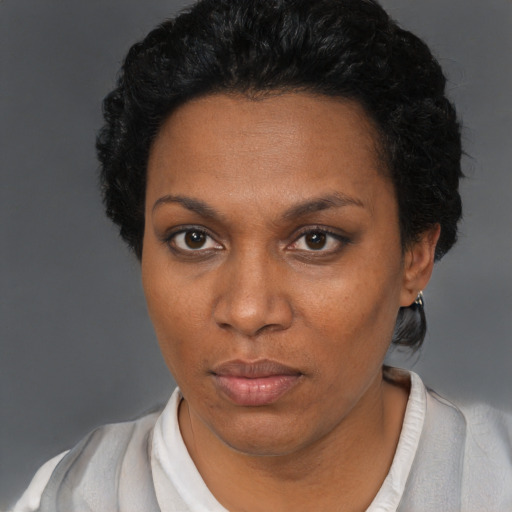Neutral black adult female with short  black hair and brown eyes