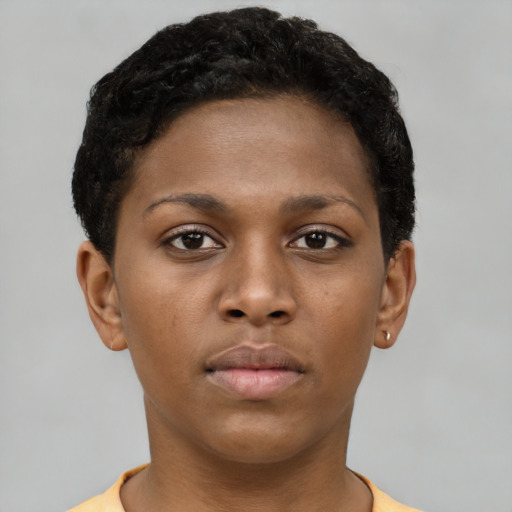 Neutral black young-adult female with short  brown hair and brown eyes