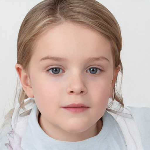 Neutral white child female with medium  brown hair and blue eyes