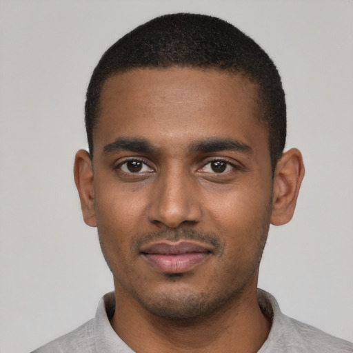 Neutral black young-adult male with short  black hair and brown eyes
