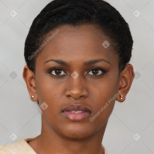 Neutral black young-adult female with short  brown hair and brown eyes
