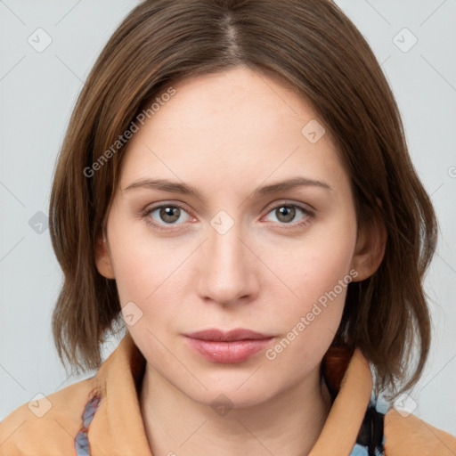 Neutral white young-adult female with medium  brown hair and grey eyes