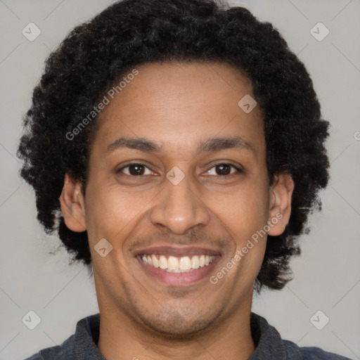 Joyful latino adult male with short  brown hair and brown eyes