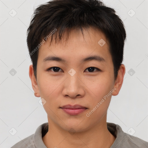 Neutral asian young-adult male with short  brown hair and brown eyes